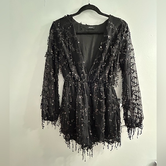 Miss ord Deep V Neck Sheer Sleeve Sequin Mesh Romper black - Picture 7 of 7